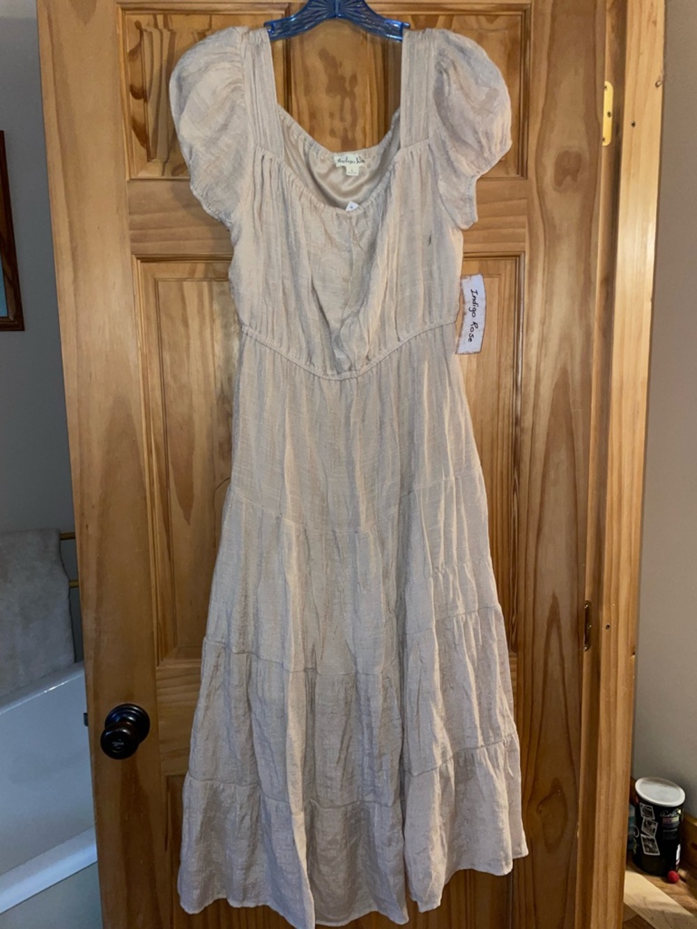 Tiered Puff Sleeve Maxi Dress in Beige